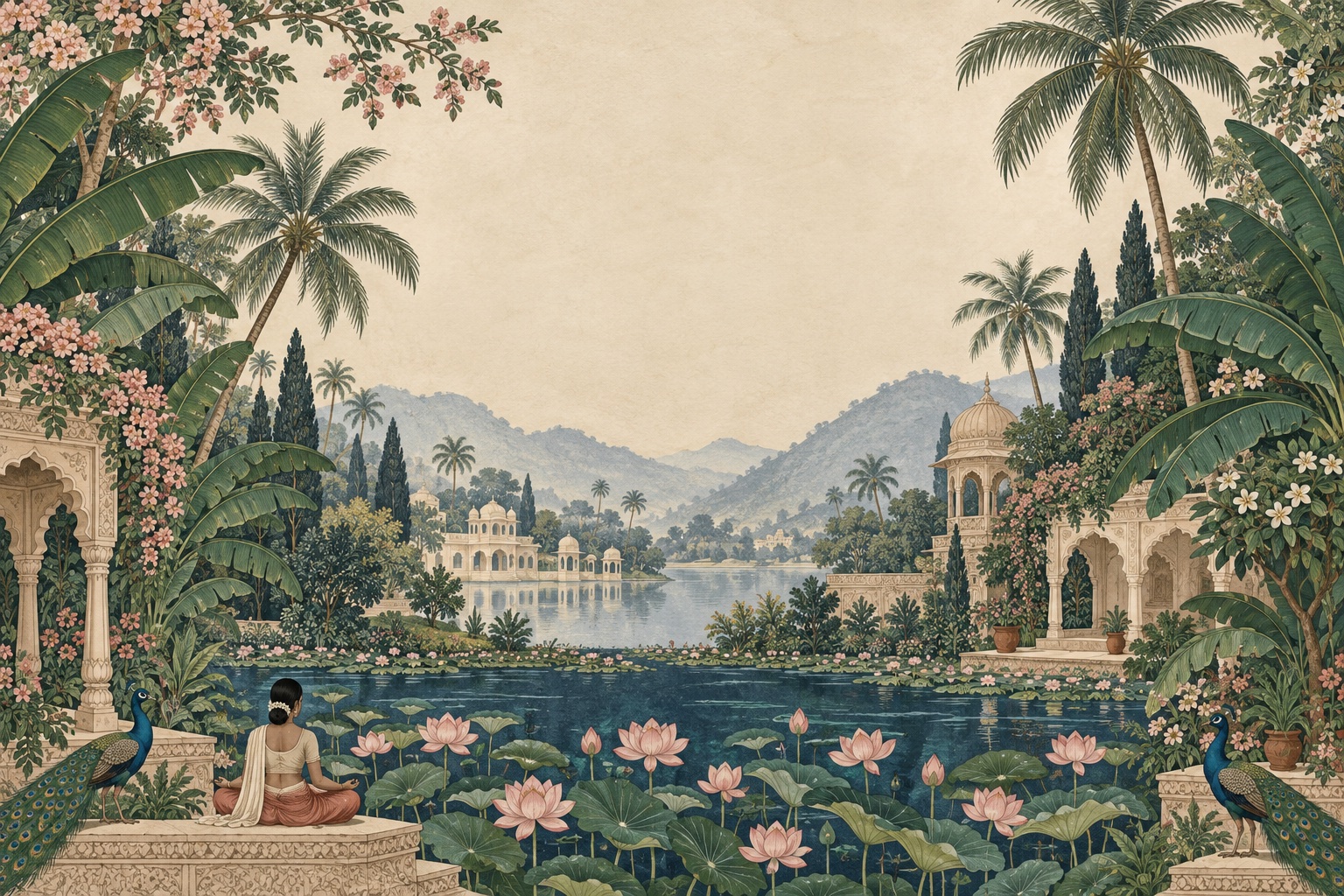 An intricately painted Indian garden with lotus ponds, peacocks, tropical palms and carved pavilions